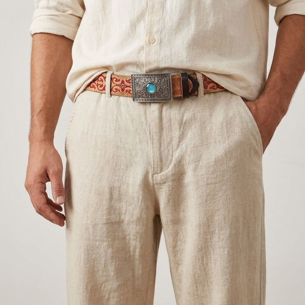 Moreno – Tooled Turquoise Buckle Leather Belt