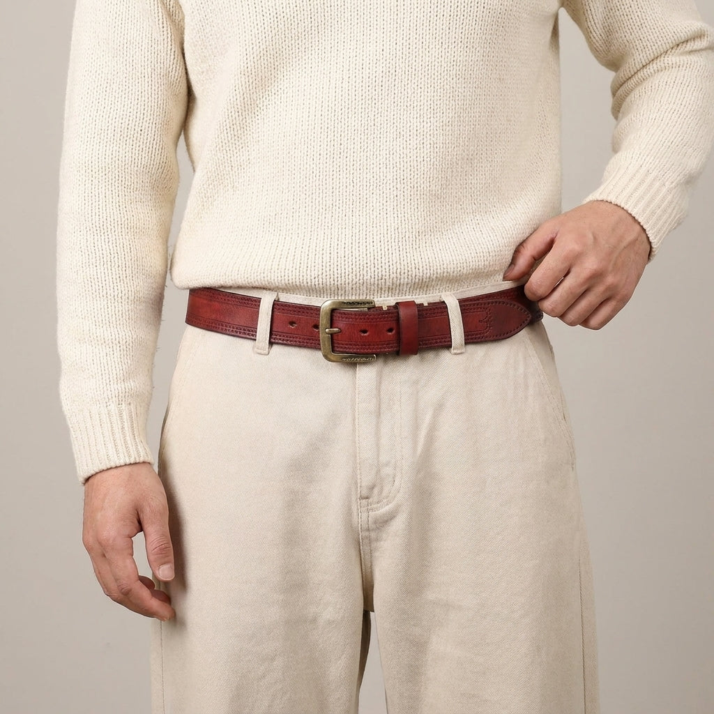 Tessari – Embossed Pattern Copper Buckle Leather Belt