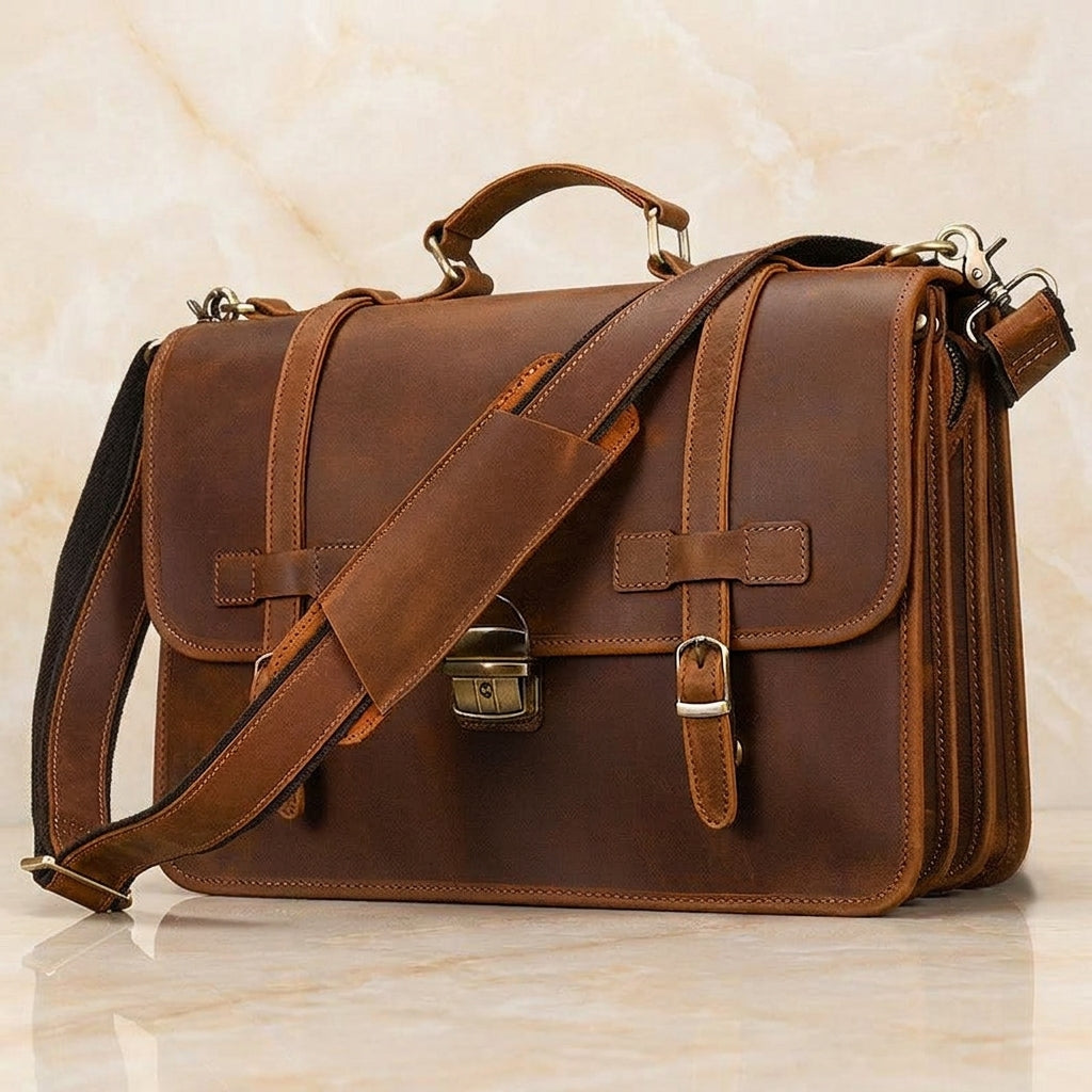 Corvello Distressed Full-Grain Leather Briefcase - Cognac