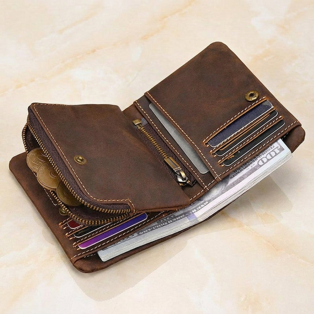 Pratello – Distressed Full-Grain Leather Trifold Wallet - Walnut
