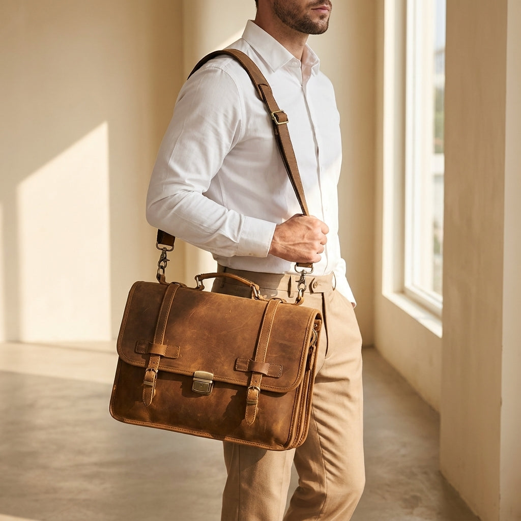 Corvello Distressed Full-Grain Leather Briefcase