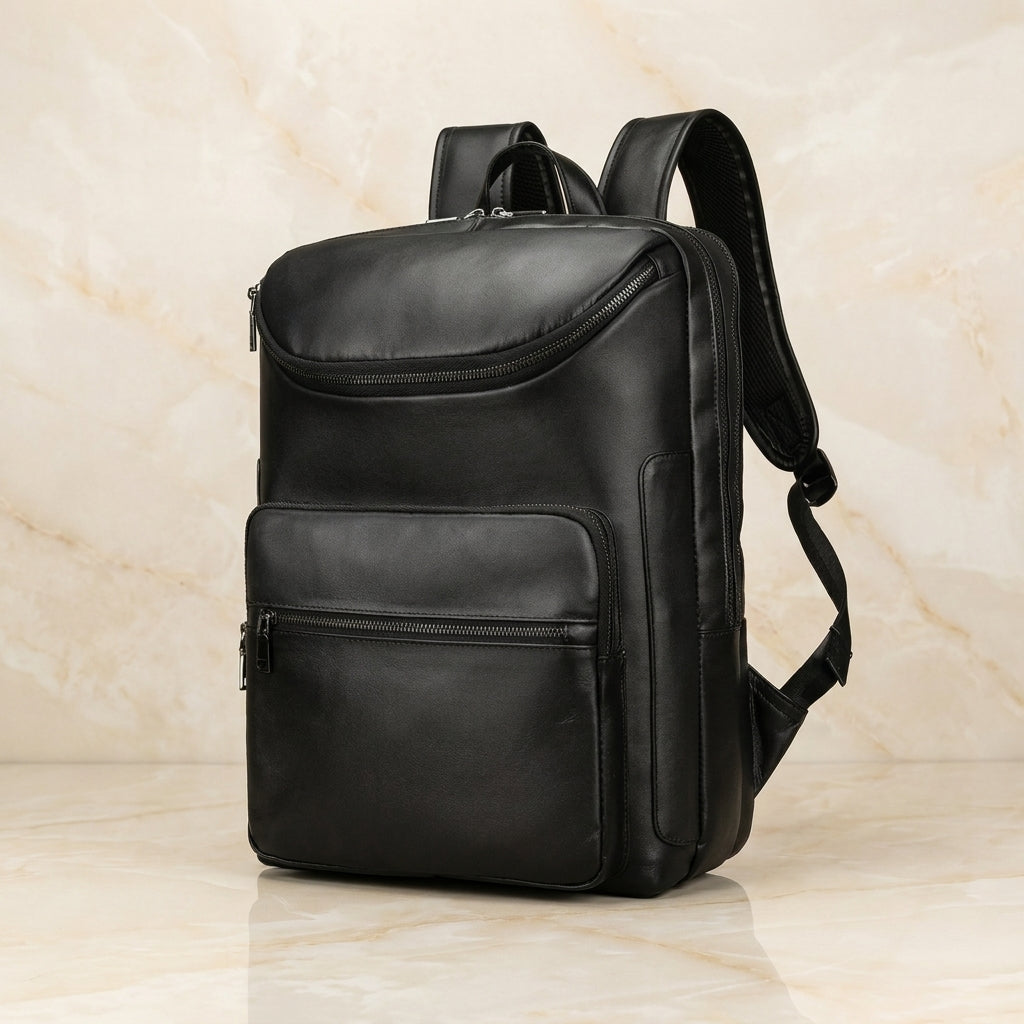 Valenzo Full-Grain Leather Laptop Backpack - Black
