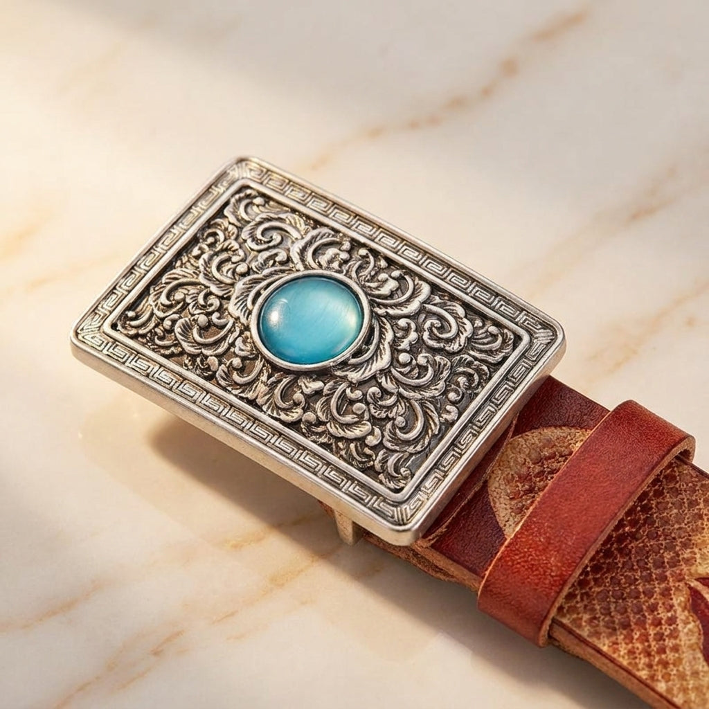 Moreno – Tooled Turquoise Buckle Leather Belt