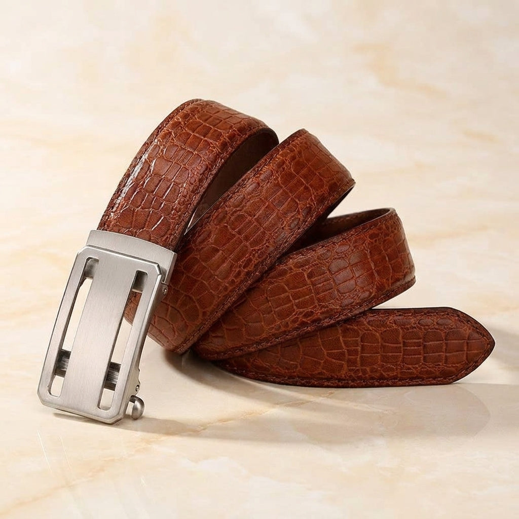 artello-crocodile-embossed-leather-belt - Walnut