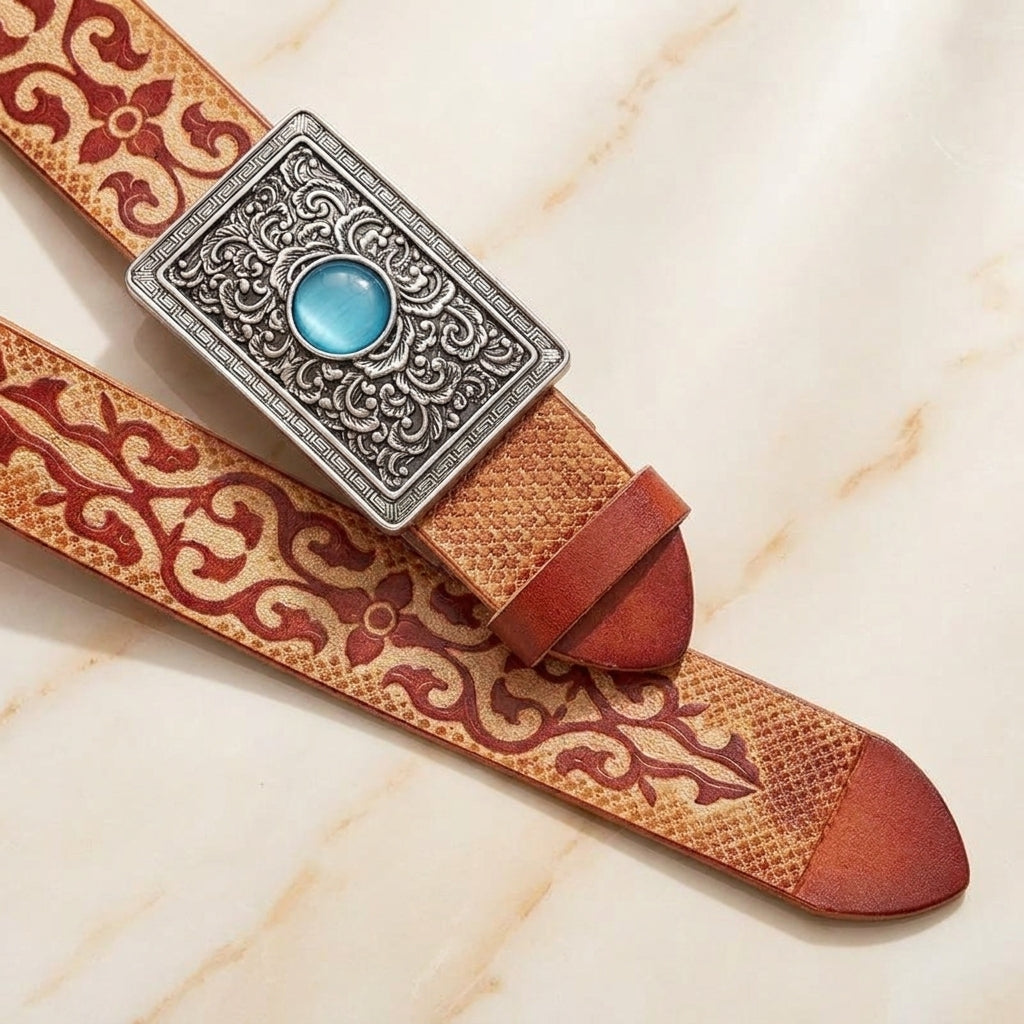 Moreno – Tooled Turquoise Buckle Leather Belt