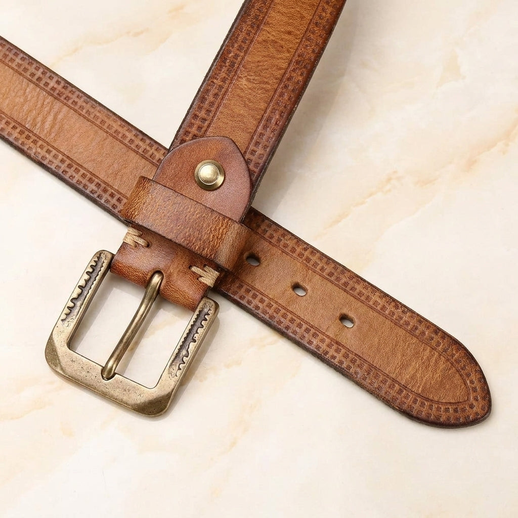 Tessari – Embossed Pattern Copper Buckle Leather Belt
